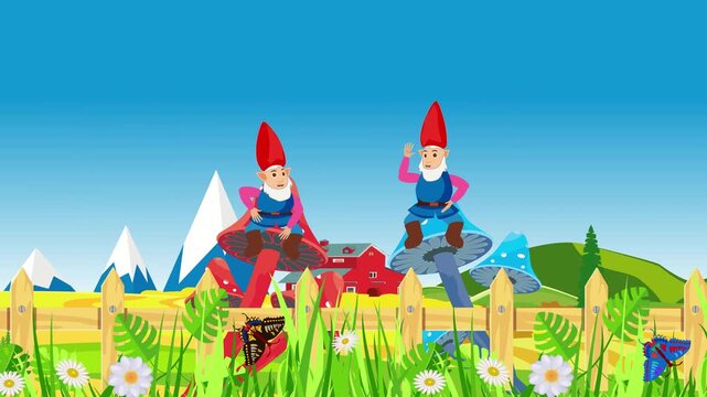 Gnomes sitting on the mashrooms, countryside landscape, green hills clous sky sun animation clip