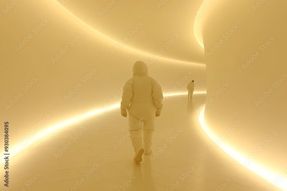 Poster solitary figure walking down a glowing curved hallway representing the journey of self discovery inn