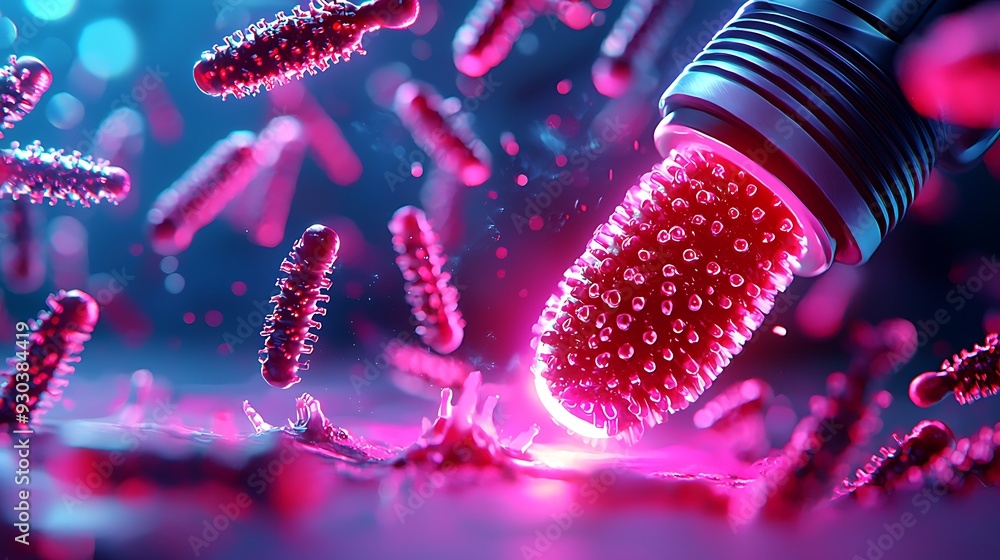 Poster an abstract neon illustration of a virus with pink and blue lights captures the visual complexity of