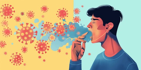 Illustration of respiratory droplets spreading from a person coughing, emphasizing the importance of covering your mouth to prevent the spread of germs.