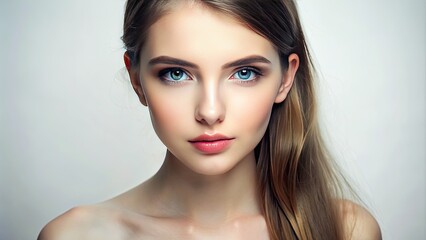 Fototapeta premium A serene, youthful face with smooth skin and delicate features gazes directly at the camera against a crisp, pure white background, exuding innocence and tranquility.