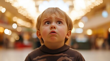Tearful Child in Mall Setting, Close-Up Shot