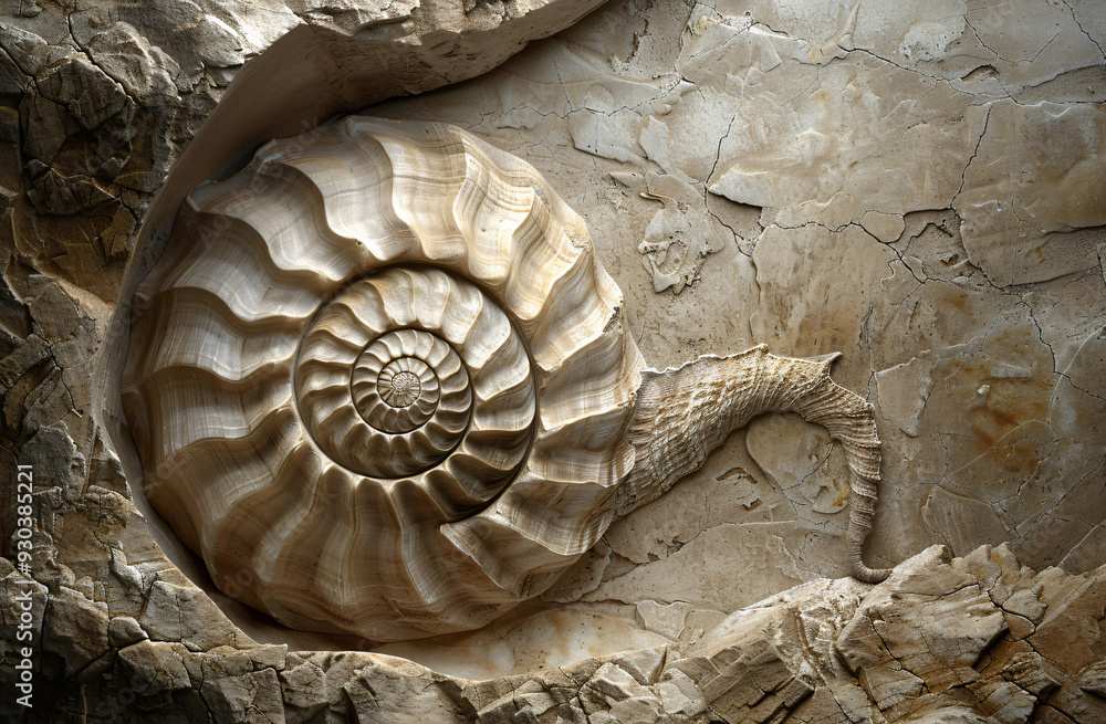 Poster beautiful intricate sepia texture of fossilized nautilus shell on a natural stone background.