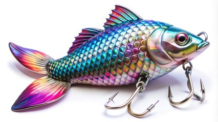 Fototapeta premium A shiny metal fishing lure in the shape of a fish, adorned with vibrant feathers and iridescent scales, suspended from a hook on a white background.