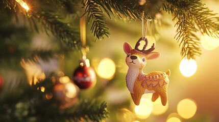 A charming reindeer ornament hanging on a Christmas tree, surrounded by twinkling lights and festive decorations, creating a warm ambiance.