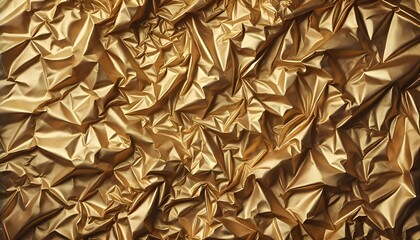 A crumpled golden foil surface creating a textured, reflective pattern with sharp creases and irregular folds.
