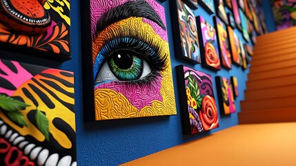 A colorful abstract eye artwork adds vibrant and dynamic elements to gallery wall decor, merging artistic expression with visual impact.