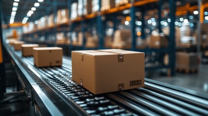 Close-up of a conveyor elt transporting packages in a warehouse, symolizing efficiency in logistics and distriution.