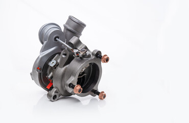 Automotive turbocharger: High-performance turbo compressor component for a car, isolated on a white...