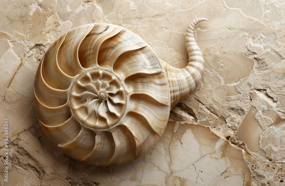 Poster beautiful intricate sepia texture of fossilized nautilus shell on a natural stone background.