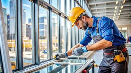 A skilled technician carefully applies a sheet of glass to a window frame, precision tools scattered around, amidst a backdrop of urban construction activity.