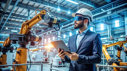 Fototapeta premium A skilled technician in a futuristic factory wearing a virtual reality headset and holding a tablet, surrounded by robotic machinery and wires.
