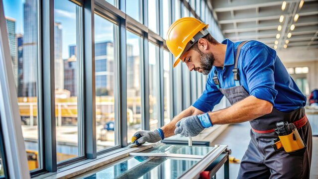 A skilled technician carefully applies a sheet of glass to a window frame, precision tools scattered around, amidst a backdrop of urban construction activity.
