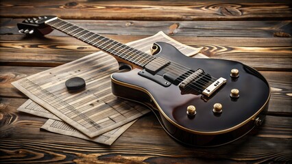 A sleek, black electric guitar lies on a rustic wooden table, its body adorned with intricate inlays, surrounded by scattered guitar picks and music sheets.