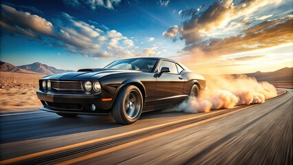 Obraz premium A sleek, black muscle car speeds down a desert highway, trailed by a cloud of smoke, emphasizing power and rebellion under a bright, blue sky.