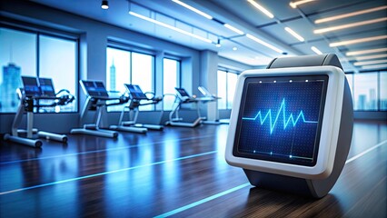 Naklejka premium A sleek, high-tech heart rate monitor displays a steady cardiac rhythm on a bright, blue-lit screen, amidst a blurred hospital or gym background.