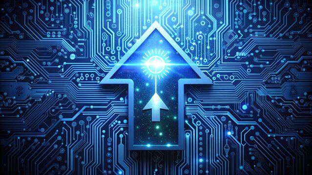 A sleek, modern arrow icon pointing upwards, surrounded by intricate circuits and gears, symbolizing innovation, progress, and technological advancements in a futuristic business concept.