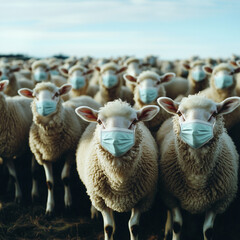 A flock of sheep, rams wearing medical masks.