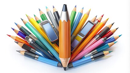 Fototapeta premium A sleek, modern pencil incorporated into a design icon, surrounded by creative tools, symbolizing innovation and artistic expression in a digital age.
