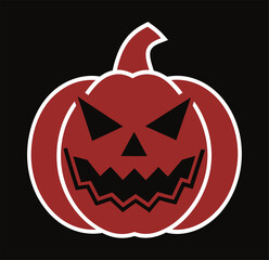 A red pumpkin with a carved jackolantern face, featuring a wide, jagged grin and sharp triangular eyes. The image is set against a black background.