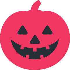 A cartoonstyle pink pumpkin with a carved smiling face, featuring a wide grin, triangle eyes, and a simple nose, perfect for Halloween decor.