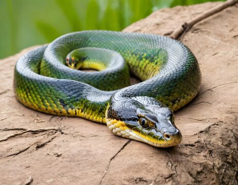 Young Green Anaconda aka Eunectus murinus snake. Ai generated image.