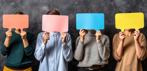 Four people holding colorful speech bubbles in front of their faces. Concept of communication, dialogue, and anonymity.