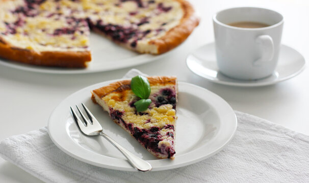 Piece of traditional Wallachian blueberry pie called "frgal" on a white plate. Traditional Moravian sweet dessert on white table. Typical Czech cuisine concept. Summer fruit cake.