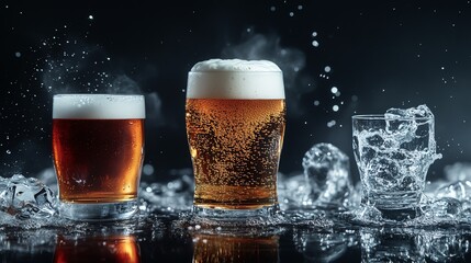 A frothy pint of beer, a swirling glass of wine, and a crystalclear shot of vodka, dark background, alcohol trio, contrast and clarity