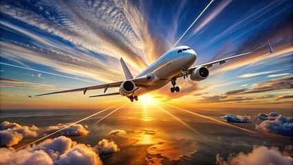 Naklejka premium A sleek silver commercial airplane soars through a brilliant blue sky with fluffy white clouds, contrails streaming behind, against a warm golden sunset backdrop.
