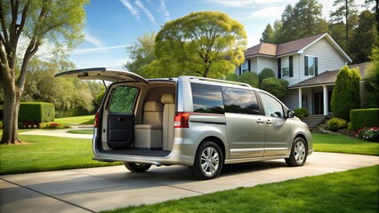 Fototapeta premium A sleek, silver minivan is parked in a suburban driveway, with sliding side doors and a rear liftgate, surrounded by lush green grass and trees.