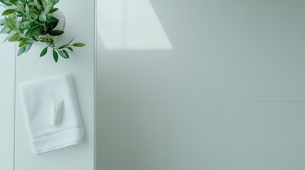 A folded white towel rests on the edge of a rectangular bathtub, accompanied by a small cream tube, all set against a bright, pristine white background