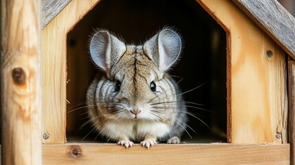 A cute Chinchilla looking out from its wooden house