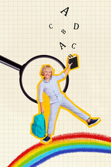 Vertical photo collage of happy blonde boy hold book alphabet letters backpack stand rainbow loupe...