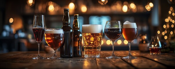Assorted beer bottles and wine glasses on a rustic wooden table, dim pub lighting, beer wine liquor, variety and choice