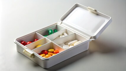 A small, white, unmarked prescription drug box with a hinged lid lies open, revealing a compartmentalized interior and several medications inside.