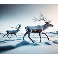 Fototapeta premium Two majestic reindeer with large antlers walk across a snow-covered tundra landscape during a cold winter day.