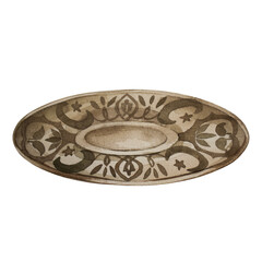 The saucer for cup for Turkish coffee. The illustration is hand-painted in watercolor in classic oriental style and brown and beige shades. For design, interior coffee shop, menu, postcard, packaging