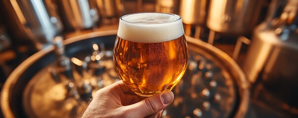 Closeup of a hand holding a craft beer, rustic background with brewing tools, artisan beer experience, handson and personal