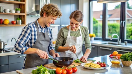 A smiling teenager and adult work together in a modern kitchen, chopping fresh vegetables and stirring a sizzling pan, bonding over a culinary creation.
