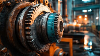 Close-up of a rotating gear system inside heavy machinery, emphasizing engineering and design in mechanical systems.