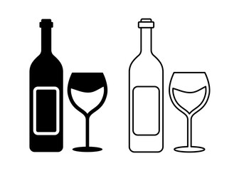 Wine bottle with glass black and white flat vector icon design with editable stroke. Wine bottle symbol