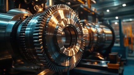 Close-up of a rotating gear system inside heavy machinery, emphasizing engineering and design in mechanical systems.