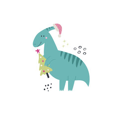 Hand drawn Christmas illustration with funny dinosaur. Good for greeting cards, t-shirt designs, prints