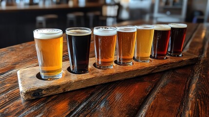 Craft beer flight with assorted glasses on a rustic wooden board, warm lighting, brewery setting, alcoholic beverage, artisanal craft experience