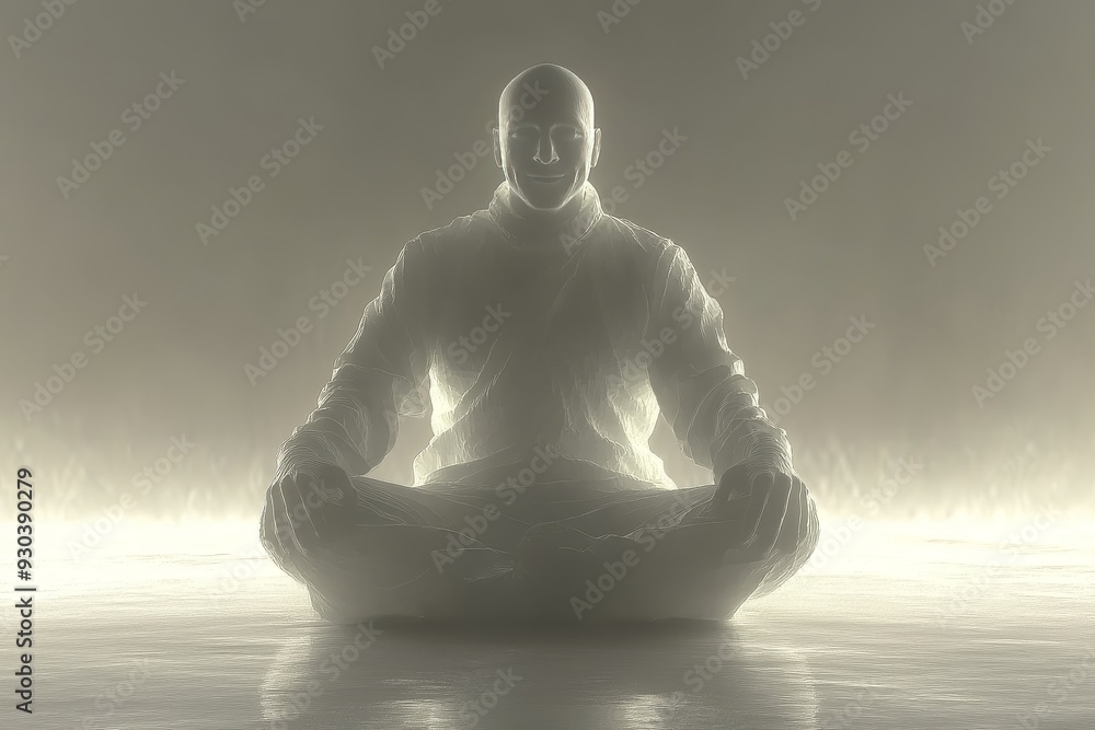 Poster mysterious figure in a meditative pose enveloped in mist and soft light evoking a sense of spiritual