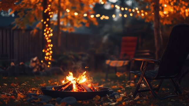 Cozy fall patio fire with chairs. Fairy lights in the evening by the fire pit and in the background. Ai generation