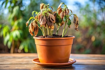 withered plant in pot with brown dry leaves