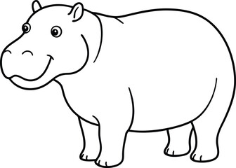 An outline illustration of a hippopotamus, standing with its large body and wide mouth, drawn with rounded lines on a white background.