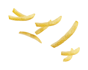 A close up of french fries on a transparent background.